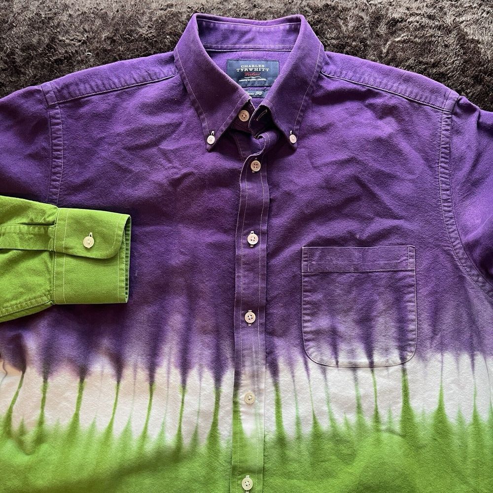 Charles Tyrwhitt Green White Purple Tie‎ Dye Long Sleeve Shirt Mens M